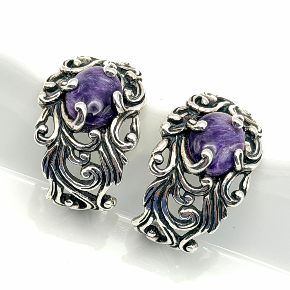 Carolyn Pollack Relios Charoite 925 Sterling Silver Scroll Half Hoop Earrings